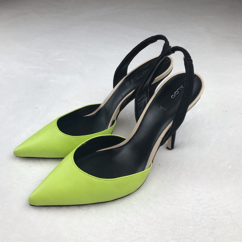 Aldo black & lime leather sling back heels